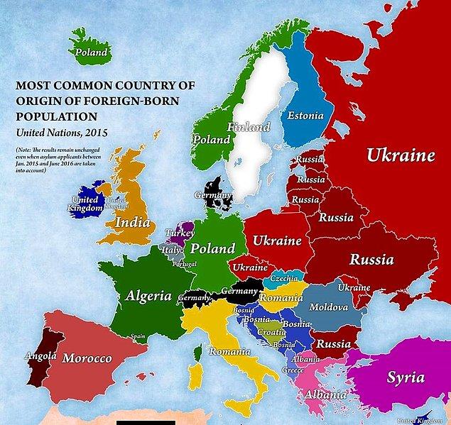 13. Yabancı kökenli doğumların en çok hangi ülkeden olduğunu gösteren Avrupa haritası