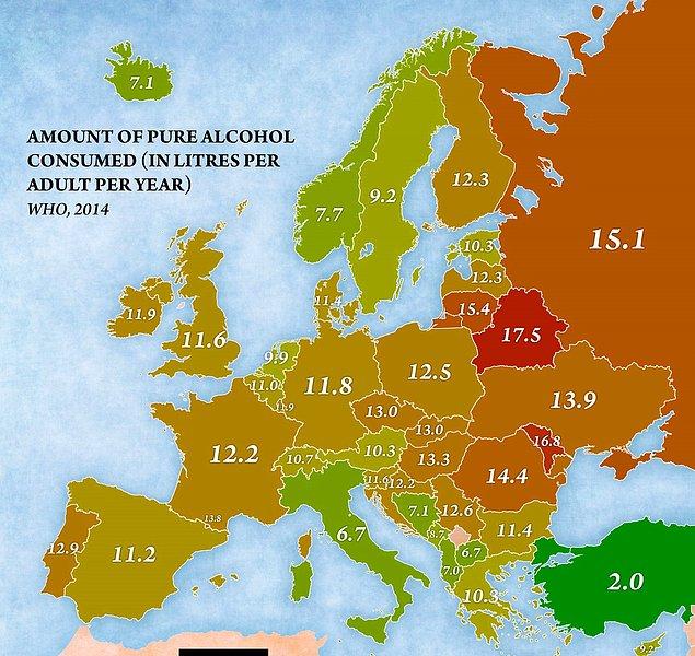 20. Bu haritada ise ülkelere göre kişi başı alkol kullanım oranlarını görüyoruz