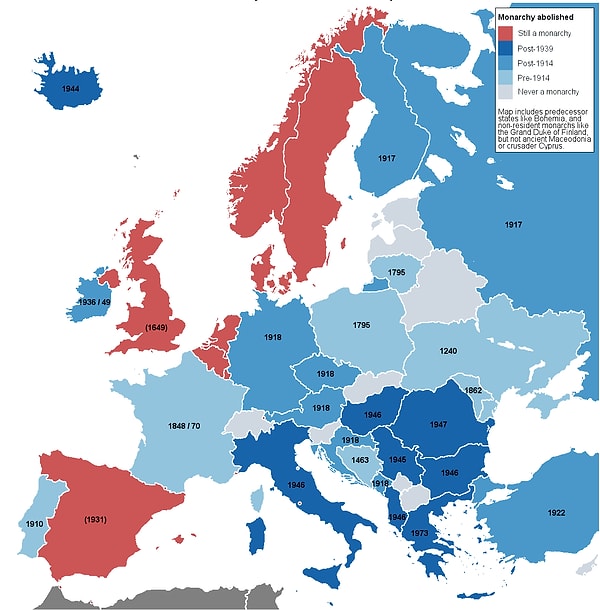 13. Карта Европы, показывающая, сколько лет в какой стране правил монархический режим