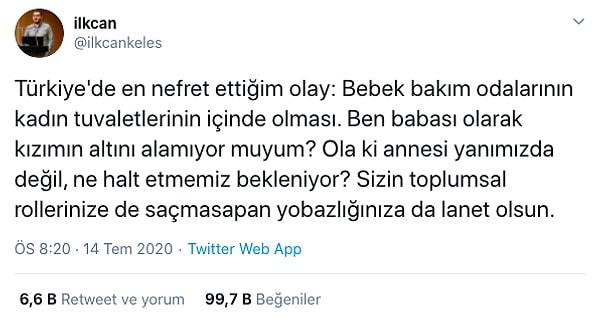 Twitter'dan İlkcan Keleş, bebek bakım odalarının kadınlar tuvaletinde olmasına isyan ederek babası olarak kızının altını değiştirmekte zorlandığını paylaştı.