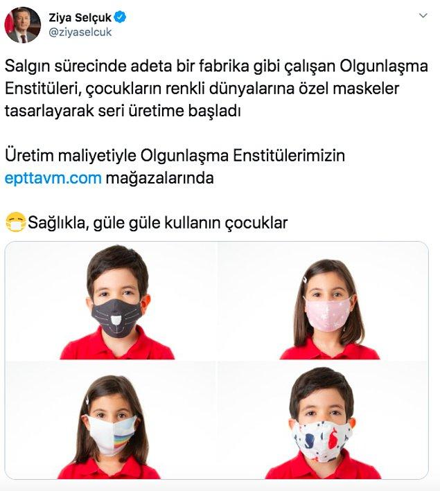 Bunu, geçtiğimiz ay Millî Eğitim Bakanı Ziya Selçuk'un olgunlaşma enstitülerinin ürettiği çocuk maskelerini duyurduğu bu tweet'e gelen yorumlardan anlamıştık.