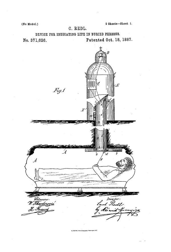 7. Carl Redl tarafından 1887 yılında patenti alınan Device of Indicating Life in Buried Person adlı tabut, doğrudan mezar taşı ile bağlantılı!