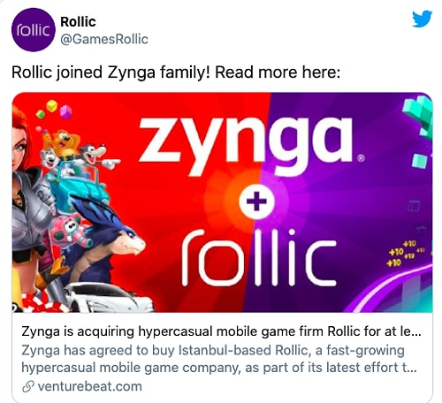 Zynga, Yerli Oyun Şirketi Rollic'in Yüzde 80 Hissesini 168 Milyon Dolara Satın Alıyor