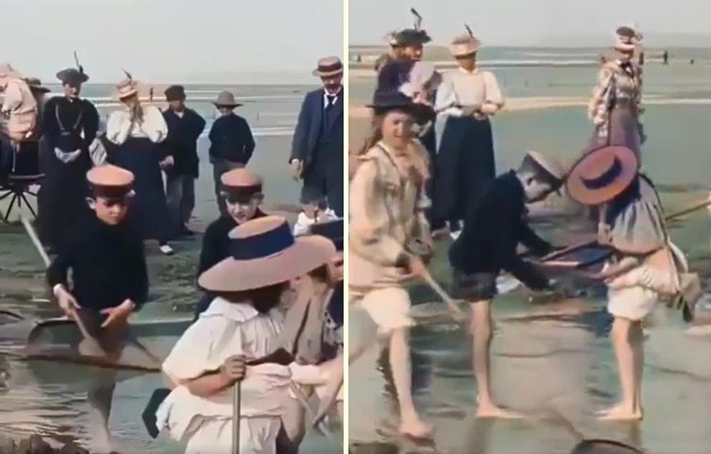 1896 Yılında Kaydedilen ve Sonradan Düzenlenen Görüntüler ile Sahilde Vakit Geçiren İnsanlar