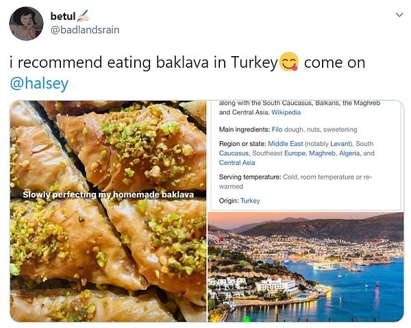 Bu paylaşımın ardından Türk takipçilerinden birisi Twitter'dan "Türkiye'de baklava yemeni tavsiye ediyorum." diyerek güzel şarkıcıyı ülkemize davet etmişti.