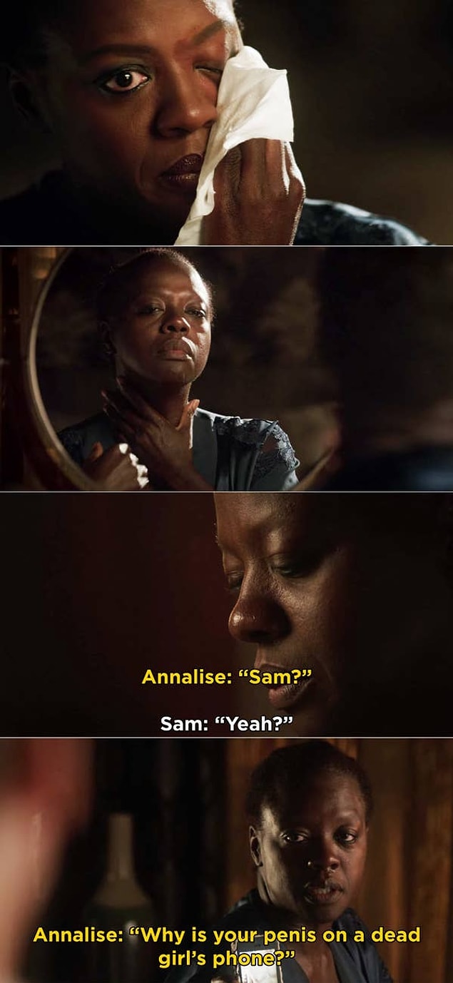3. 'How to Get Away with Murder'da, Annalise'in Sam'e neden Lila'nın telefonunda penisin fotoğrafının olduğunu sorduğu sahne.