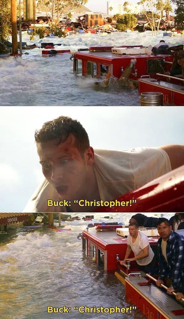 19. '9-1-1'da, tsunami esnasında Christopher'ın itfaiye aracından düştüğü sahne.