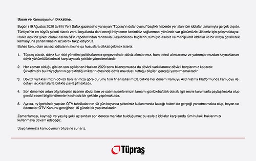 Tüpraş'tan, Yeni Şafak'ın 'Dolar Oyunu' Haberine İlişkin Açıklama: 'Asılsız ve Manipülatif'