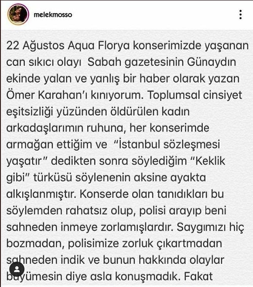 Kadın Cinayetlerine ve Tecavüzlere Tepki Gösteren Melek Mosso, Bu Sözleri Yüzünden Sahneden İndirildi