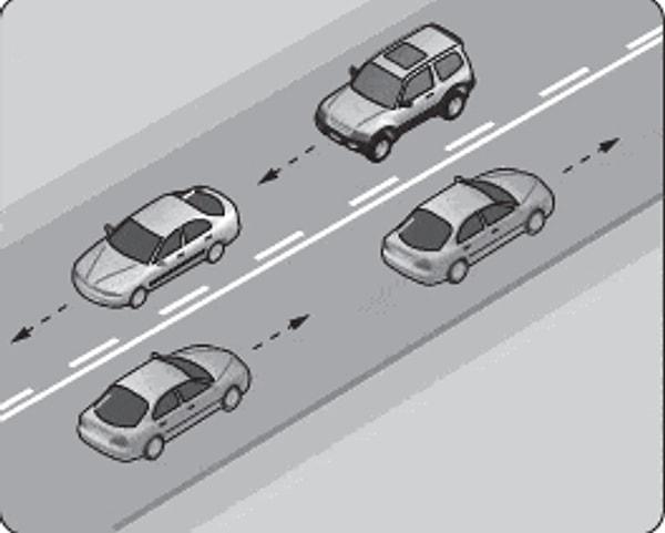 12. Şekildeki kara yolu bölümünde, yan yana çizilmiş kesik ve devamlı yol çizgileri sürücülere aşağıdakilerden hangisini bildirir?