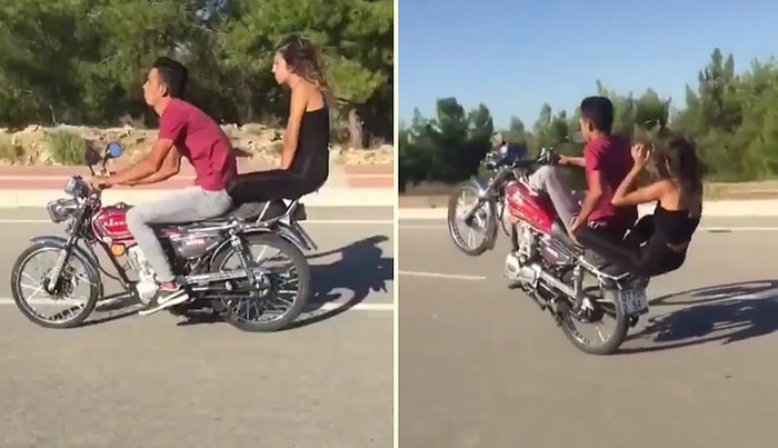 Motosiklet ile Tek Teker Üzerinde Tehlikeli Hareketler Yapan Gençler