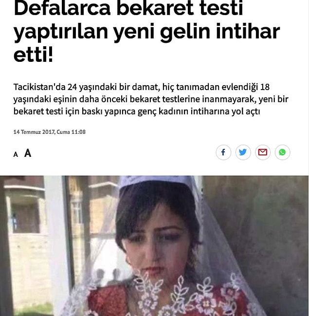 Yani bu zar ya da himen, bir kadının evlenmeden önce kimseyle birlikte olmadığını gösteriyor insanlar için. Çünkü bir kadının namuslu olması, daha önce kimseyle birlikte olmamasını gerektirir (!) diye düşünüyorlar. Sırf bu yüzden yaşanan intiharlar ve cinayetler ise hiç kimsenin umrunda değil.