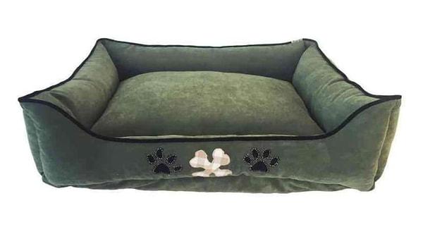 Orta M Boy Köpek Yatağı Yeşil Pati Nakışlı Siyah Biyeli