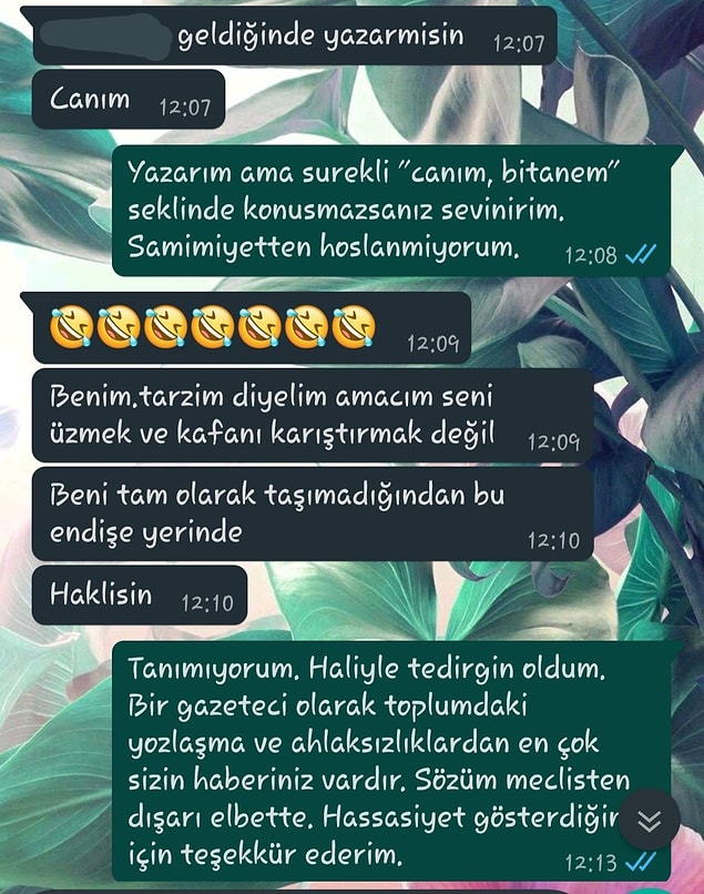 10 EYLÜL 2020: Twitter'dan Ebru isimli bir kadın arkadaşımız işveren erkeğin attığı taciz mesajlarını paylaştı.