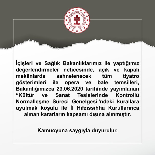 Kültür ve Turizm Bakanlığı'ndan yapılan açıklama şu şekilde: