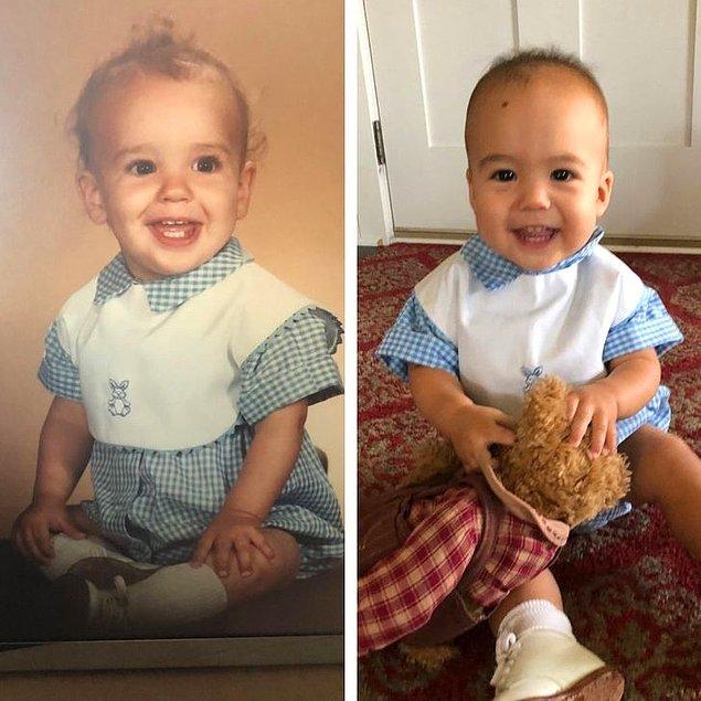 10. "Oğluma, eşimin bebeklik kıyafetini giydirdim. Fotoğrafların biri 1985 yılında diğeri ise 2020 yılında çekildi."