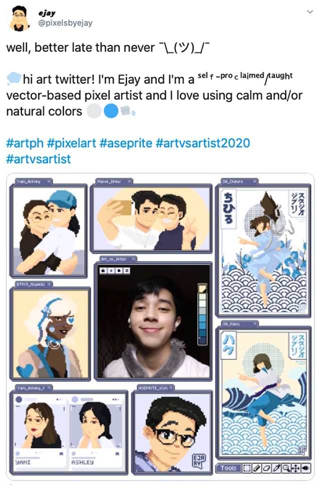 20. "Yani, geç olsun güç olmasın. Merhaba sanat Twitter'ı! Ben Ejay ve ben kendi kendine öğrenmiş vektör temelli bir piksel sanatçısıyım ve sakin ve/ya da doğal renkler kullanmayı seviyorum."