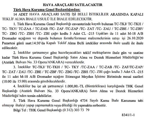 THK, 14 Uçağını Satışa Çıkardı