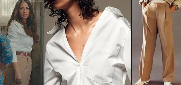 9. Doğduğun Ev Kaderindir dizisinde Zeynep karakterine hayat veren Demet Özdemir'in üzerindeki harika poplin gömlek ve geniş paçalı pantolon Zara'dan.