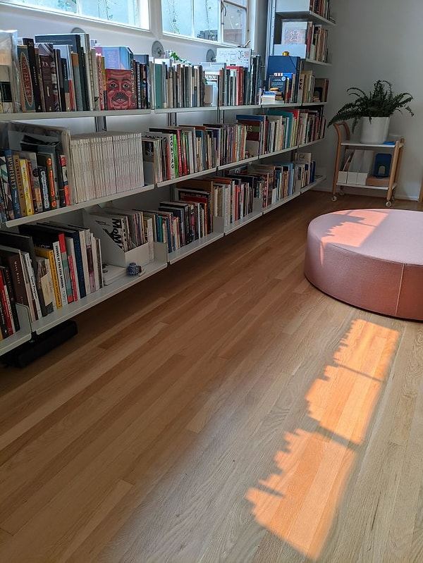 10. Тень от книжек на полке выстроилась в линию горизонта большого города.