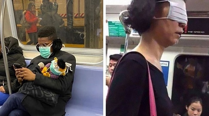 Люди в метро демонстрируют самые смешные способы использования маски (36 фото)