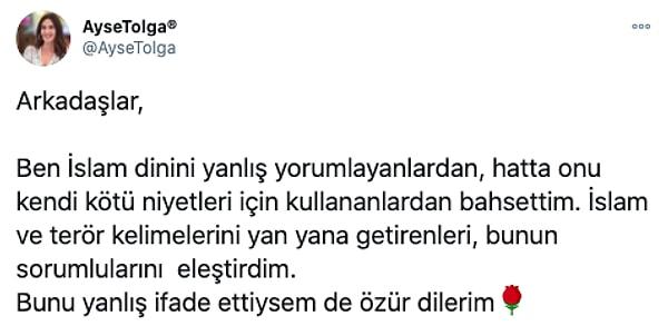 Yaşanan bu gelişmelerin ardından Ayşe Tolga, kendi sosyal medya hesaplarından şu mesajı paylaşarak sözlerinin yanlış anlaşıldığını dile getirdi ve özür diledi.