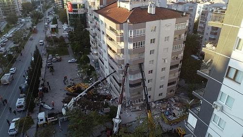 Depremde İlk 3 Katı Çöken ve Yan Yatan Bina Vinçlerle Ayakta Tutuluyor