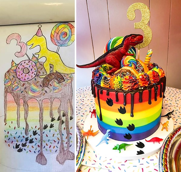 3. Ребенок попросил радужный торт с драконом. Мы нарисовали с ним вместе эскиз и отдали рисунок в местную пекарню. Это шедевр!