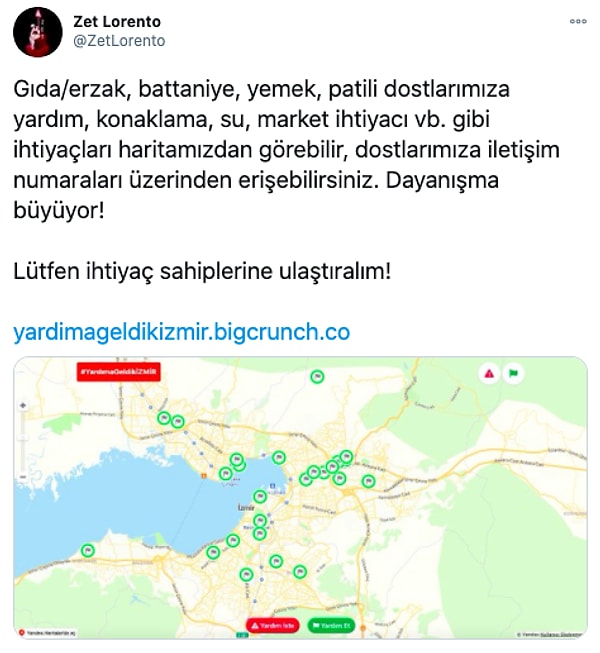 Twitter'dan 'Zet Lorento' ise bu yardımlaşma sürecini daha kolaylaştırmak isteyerek bir yardım haritası oluşturdu.