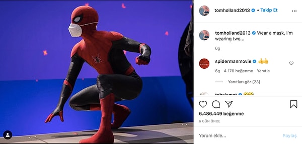 19. Tom Holland, yeni Spider-Man filminin setinden ilk paylaşımı Instagram hesabından yaptı.