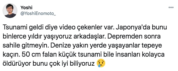 Türkiye'de yaşayan ve YouTuber olan Japon Yoshi Enomoto da neredeyse her yıl bu tsunami felaketini yaşadıkları için İzmir'deki vatandaşları uyarmak istedi.