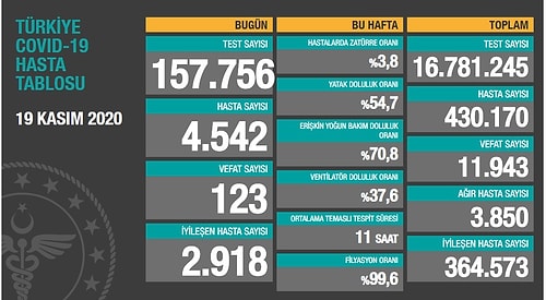 Koronavirüs Türkiye: 24 Saatte 4 Bin 542 Hasta, 123 Can Kaybı