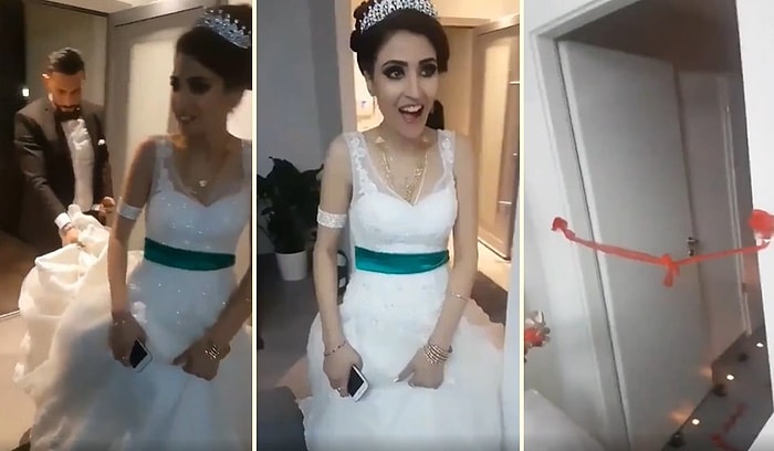Gerdeğe Girmeden Önce Yatak Odasının Kapısına Bağlı Kırmızı Kurdeleyi Kesen Gelin ile Damadın 'Neyin Açılışı Bu?' Dedirten Görüntüleri