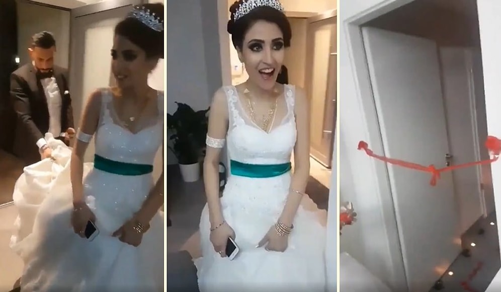 Gerdeğe Girmeden Önce Yatak Odasının Kapısına Bağlı Kırmızı Kurdeleyi Kesen Gelin ile Damadın 'Neyin Açılışı Bu?' Dedirten Görüntüleri
