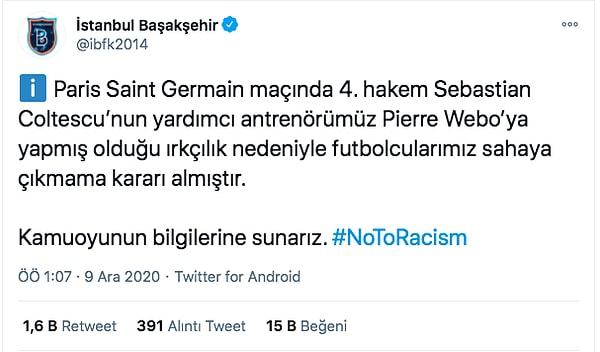 Başakşehir'den açıklama: Futbolcularımız sahaya çıkmama kararı almıştır.