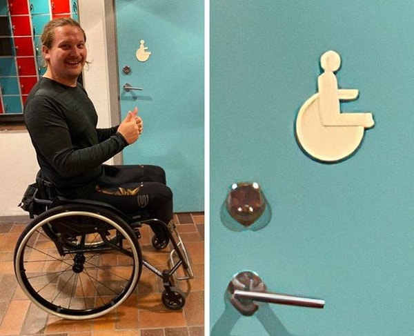 6. "Этим летом я заметил этот сломанный значок на кабинке туалета для людей с ограниченными возможностями и очень обрадовался, потому что он как раз иллюстрирует мою ситуацию".