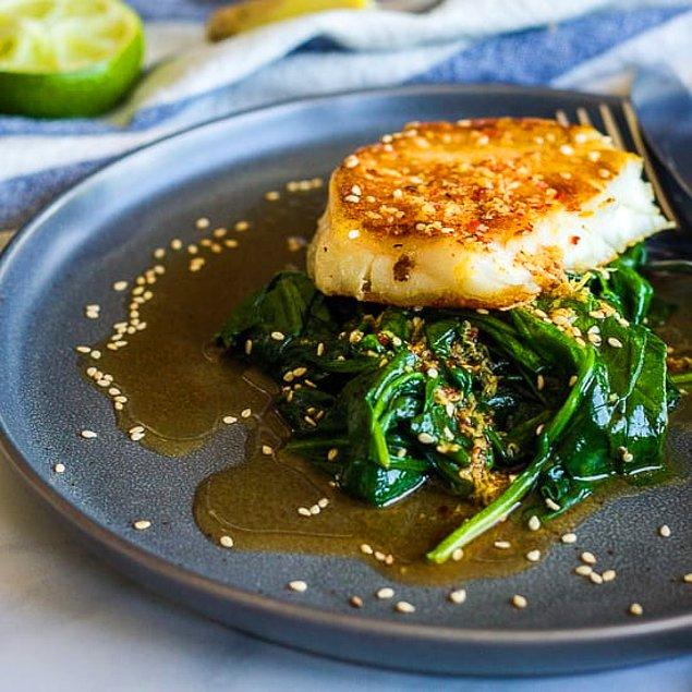 6. Sea bass on a bed of spinach