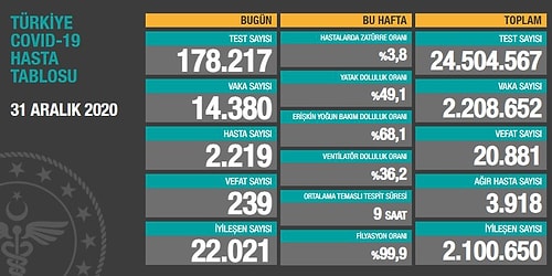 2020'nin Son Korona Tablosu: 239 Can Kaybı, 14 Bin 380 Vaka