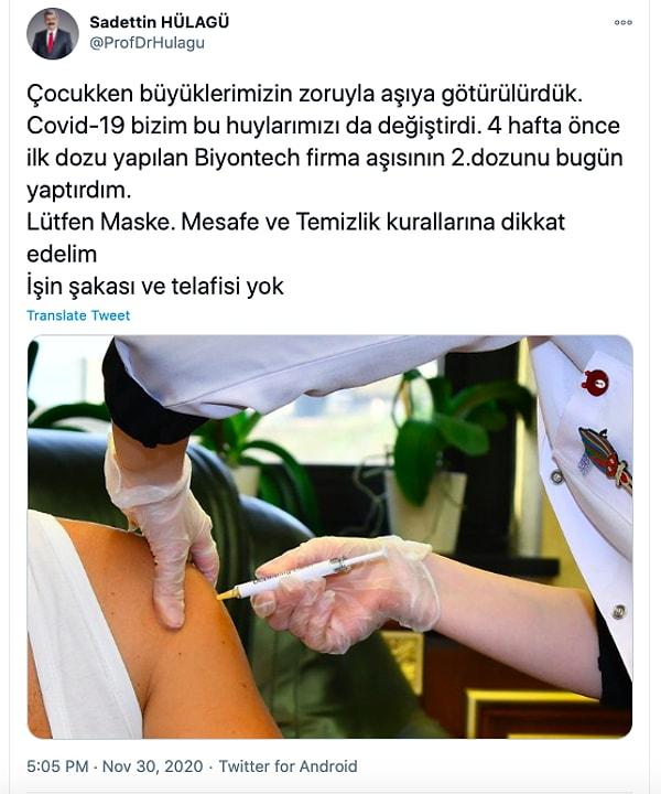 Kısa süre önce Kocaeli Üniversitesi Rektörü Saadettin Hülagü'nün de BioNTech aşısı yaptırdığı ortaya çıktı.