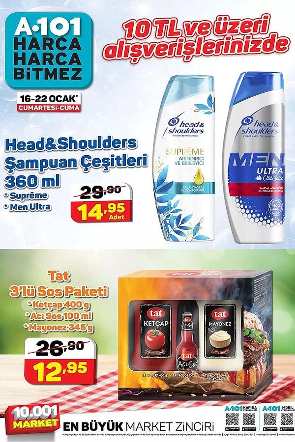 10 TL ve üzeri alışverişlerinizde Head&Shoulders şampuan çeşitleri ya da Tat 3'lü Sos Paketi indirimli.
