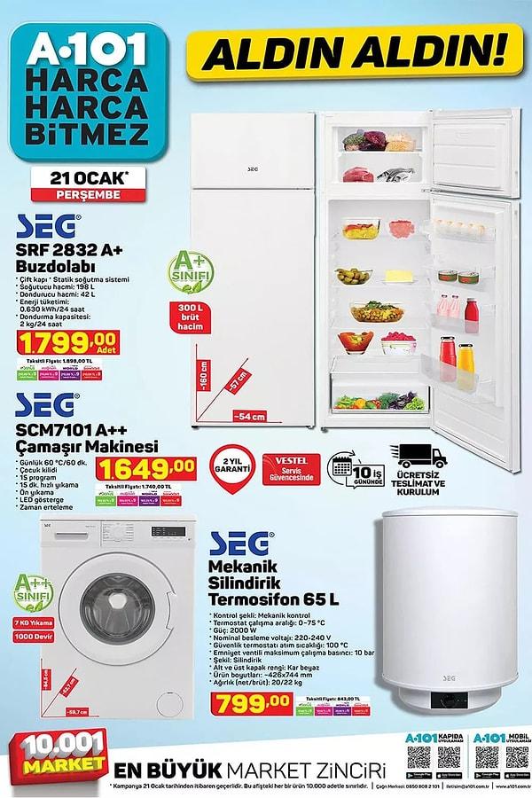 SEG marka buzdolabı, çamaşır makinesi ve silindirik termosifon ücretsiz teslimat ve kurulum seçeneği ile satışta olacak.