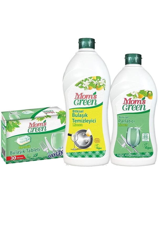 2. Annelerin tercihi olan bir marka Mom's Green... Bu 3'lü setinin içinde de ekolojik tablet,  elde bulaşık yıkama deterjanı ve parlatıcı var.