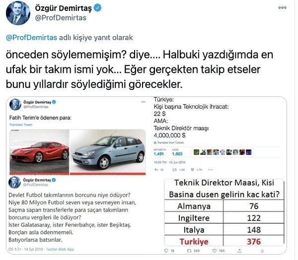 Fenerbahçe düşmanı yorumlarına da Fatih Terim'in maaşını yüksek bulduğu eski paylaşımlarını dolaşıma sokarak yanıt verdi.