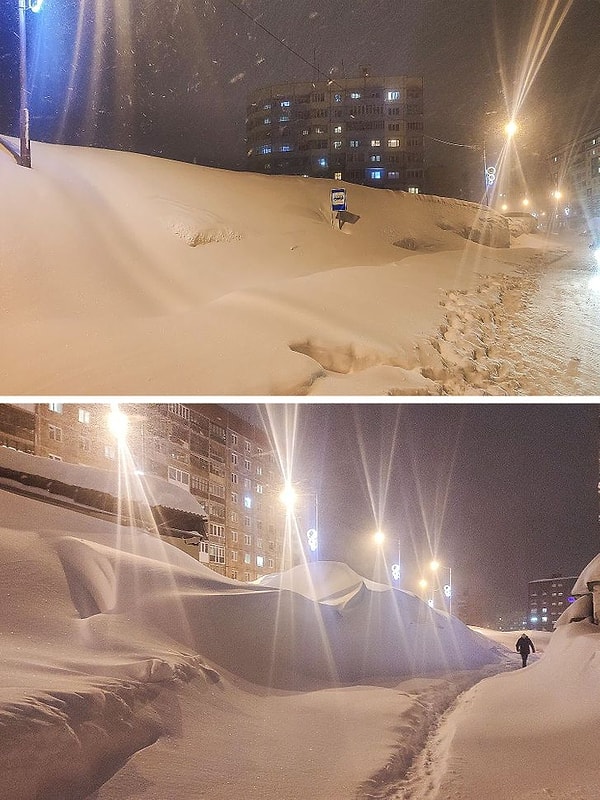 14. "Norilsk'te 2 aylık standart bir kar yağışının ardından kar yığınları 2. kat seviyesine ulaştı."