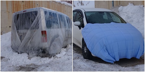 Hakkari'den 'Kara Kış' Manzaraları: Eksi 20 Derecede Araçlara Naylon ve Battaniye Koruması