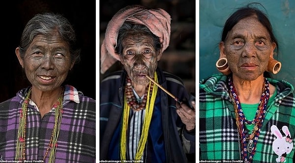 На одном изображении маленькие черные татуированные точки покрывают лицо женщины из клана Дай, которая также носит побеги бамбука через вытянутые мочки ушей шириной в несколько дюймов. В другом случае тонкие черные линии проходили по лицу женщины из клана Инду и по лицу, создавая почти оптическую иллюзию.