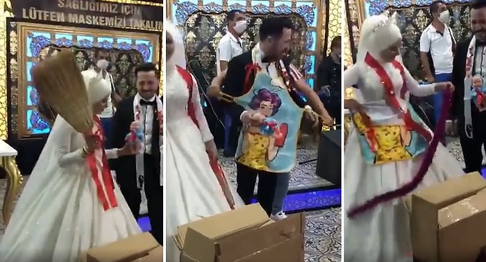 Düğünde Gelin ile Damada Bir Koli İçinde Çalı El Süpürgesi, Mutfak Önlüğü ve Daha Birçok İlginç Hediye Geldi