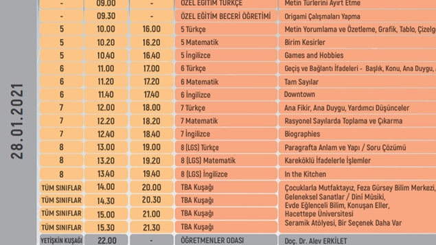 28 Ocak EBA TV Ortaokul Ders Programı