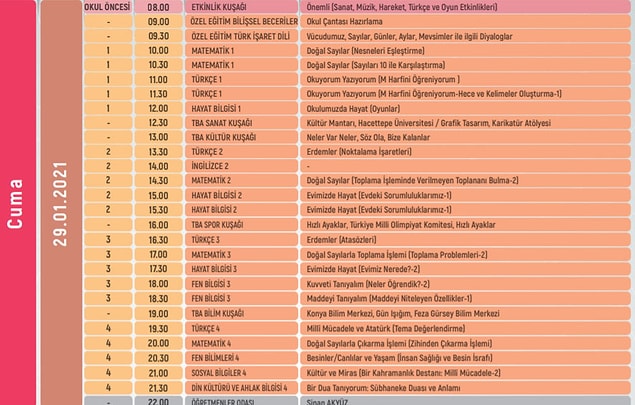 29 Ocak İlkokul Ders Saatleri