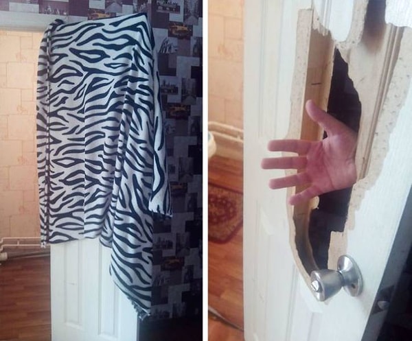 10. "Одеяло, висящее на двери, не зря привлекло мое внимание. За ним оказалась целая система для предотвращения образования плесени в ванной комнате".